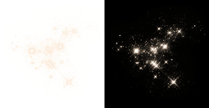 Golden glitter dust with a shimmering starry sky trail, isolated on a transparent PNG background. Abstract light trail for holiday decoration.