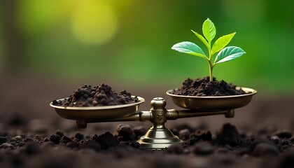 Balance Scale with Soil and Plant &ndash; Sustainability Concept of Growth, Nature, and Environmental Harmony
