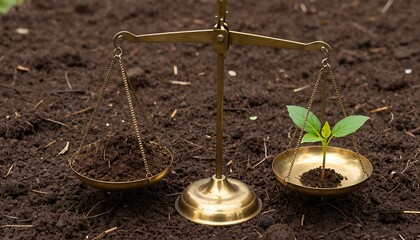 Balance Scale with Soil and Plant &ndash; Sustainability Concept of Growth, Nature, and Environmental Harmony