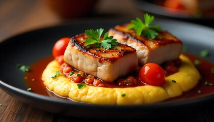 Seared Fish with Polenta &ndash; Gourmet Plated Dish with Tomato Sauce, Herbs, and Elegant Presentation