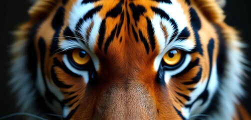 Close-up Bengal tiger face with intense amber eyes. Striking orange and black fur texture. Majestic wild cat stares forward. Powerful predator portrait shows raw beauty and strength.