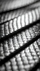 A close-up, monochrome shot of a tightly woven textile or rope with distinct parallel lines and intricate texture.