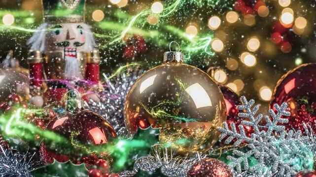 Festive christmas decorations with nutcracker and ornaments