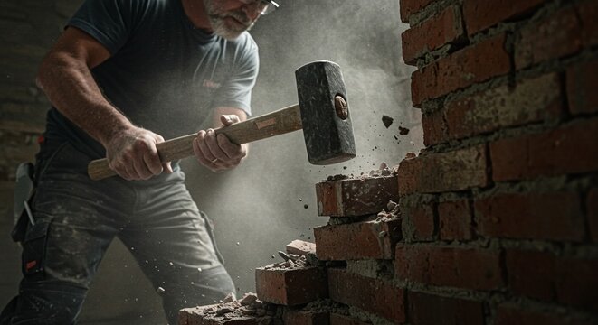 A person's hands swinging a sledgehammer to demolish a brick wall.Concept of demolition and hard physical labor.