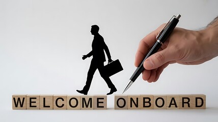 Employee Onboarding Concept &ndash; Wooden Blocks with Welcome Message, Briefcase Silhouette, and Contract Signing