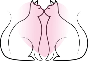  Line illustration of two cats gently touching nose a subtle heart shape.