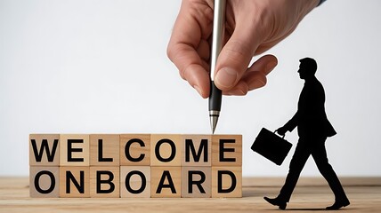 Employee Onboarding Concept &ndash; Wooden Blocks with Welcome Message, Briefcase Silhouette, and Contract Signing