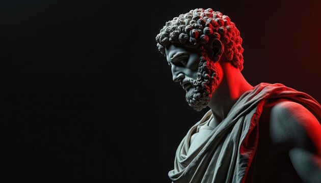 Minimalist marble bust of Roman emperor Marcus Aurelius depicted in deep thought. Statue shown against dark background with dramatic red lighting. Historical figure, philosopher, leader,
