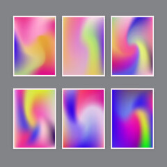Six framed square vector illustrations display soft, blurred gradients with fluid organic shapes in vibrant colors including pink, purple, blue, red, and yellow. Modern abstract art.
