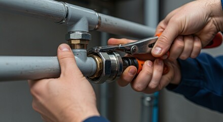 Plumber's hands fitting a brass connector onto a plastic pipe at a construction site.Concept of plumbing and professional pipe installation