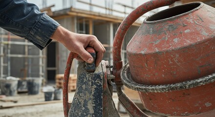 A workers hand turning the wheel of a portable concrete mixer at a construction site.Concept of construction work and material preparation.