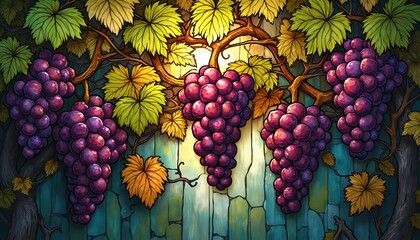 Obraz premium Intricate stained glass art shows ripe purple grape bunches hanging from vine branches with green and yellow leaves. Colorful artwork evokes rich harvest and vineyard.