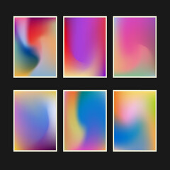 Fototapeta premium Framed abstract vector illustrations feature soft, blurred gradients with flowing organic shapes in vibrant colors like pink, purple, blue, orange, and teal. Modern digital art in aura style.