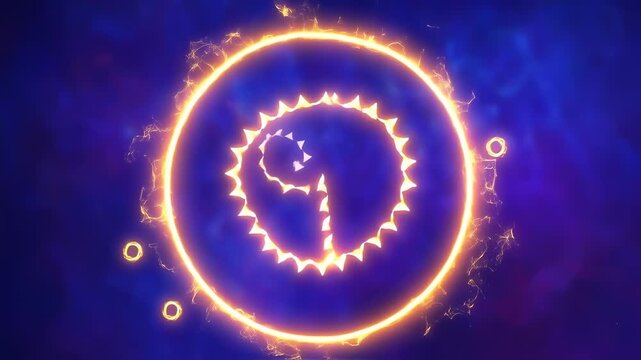 Digit nine glowing with an orange glow, in a circle with a radiant outer ring, with blue nebula