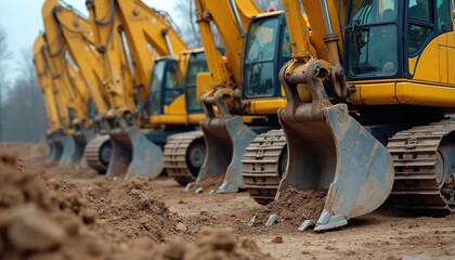 Yellow excavators park in line on dirt ground. Heavy machines wait for work, ready for digging. Construction site prepared for building large infrastructure projects.
