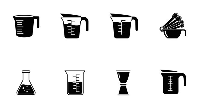Measuring tools icons set with measuring cups, spoons, beakers and jigger, minimalist style
