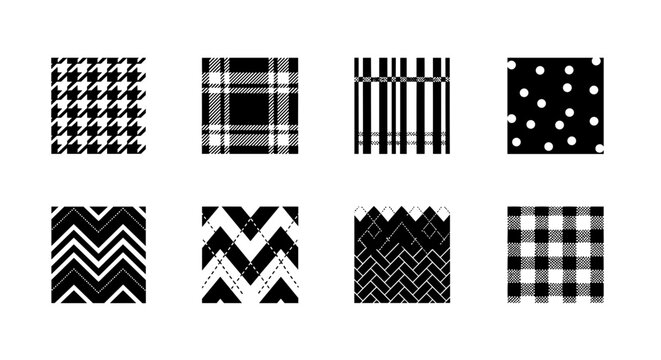 Black geometric seamless pattern set with plaid, stripes, polka dots and chevron, minimalist style
 - Powered by Adobe