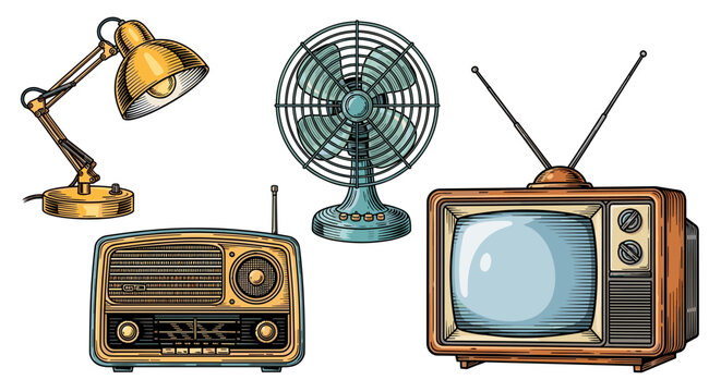 Vintage home appliance icons with desk lamp, fan, radio and retro television, cartoon style
