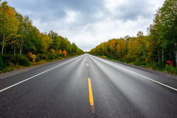 A two-lane road of dark, wet, black asphalt with a broken single yellow line down the middle of the highway. There are colorful autumn trees of yellow, orange, and red on both sides of the roadway.