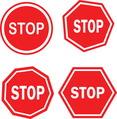 Collection of stop signs in various shapes red and white vector illustrations for traffic safety and warning concepts isolated on white
