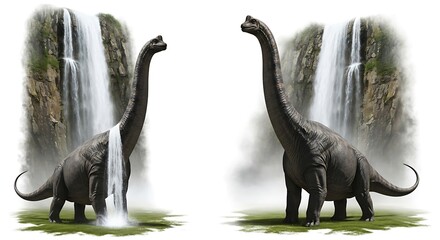 Two majestic Brachiosaurus dinosaurs in a lush prehistoric jungle with waterfalls.