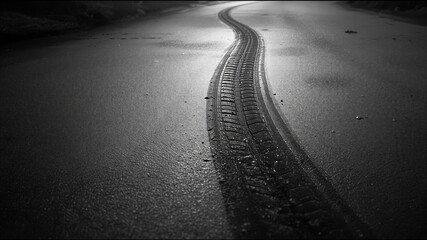 black off road tire track on a wet road, horizontal banner, free space for text
