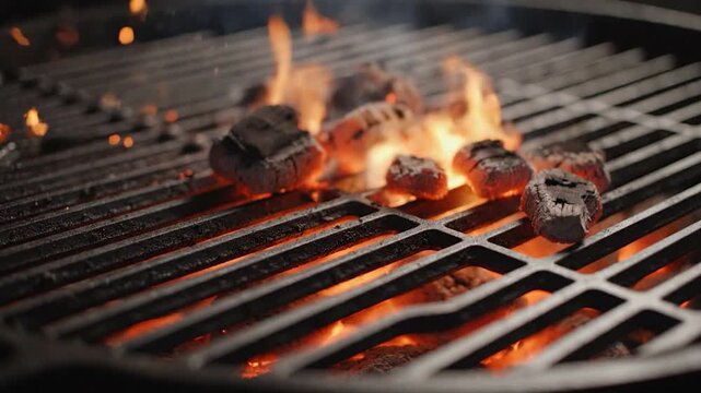Glowing charcoal briquettes on grill grate