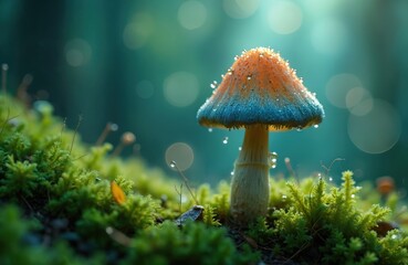 Psilocybin mushroom grows in moss with water droplets on cap. Soft focus and bokeh highlights natural fungi in forest. Artistic lighting on wild hallucinogenic plant.
