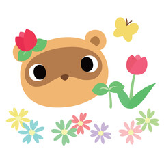 可愛いタヌキのマーク　春のチューリップ