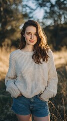 Portrait of Serenity: A poised young woman with flowing locks stands amidst a sun-dappled field, her gaze meeting the viewer's with gentle confidence.