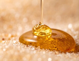 A close-up shot of golden honey or syrup pouring onto a bed of sparkling brown sugar crystals, creating a sweet and glistening scene.
