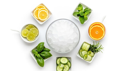 A collection of fresh fruits and herbs for making refreshing drinks arranged around ice