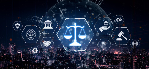 Futuristic digital law interface displaying justice scale, highlighting digital law, AI compliance, digital law systems, and digital law regulations for secure governance. Spline