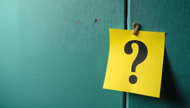 Yellow paper note with big black question mark attached to teal wooden wall. Symbol represents query uncertainty problem or solution search. - Powered by Adobe