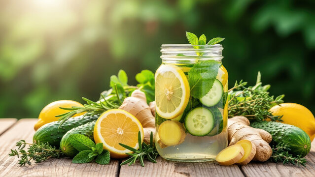 Refreshing detox water infused with natural ingredients like lemon, cucumber, and ginger