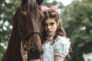Obraz premium Retrato íntimo que evoca ternura, vínculo emocional y armonía entre la infancia y la naturaleza viva. Niña con vestido blanco y flor rosa apoya la cabeza sobre un caballo marrón en un entorno exterior
