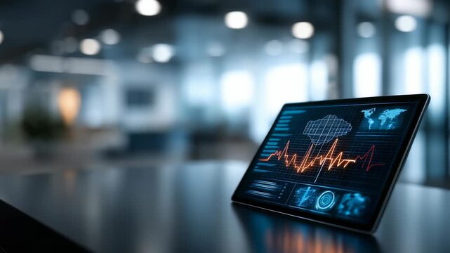 A sleek tablet shows advanced cloud computing graphs and real time analytics on a glossy desk in a modern office. The image emphasizes innovation, digitalization, and smart business solutions