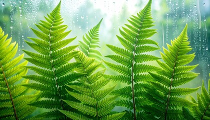 Obraz premium Fresh Green Fern Leaves with Raindrops on Window Glass Background Botanical Nature Illustration