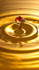 A close-up shot of a single drop of red liquid falling into a golden viscous fluid, creating ripples and a splash.