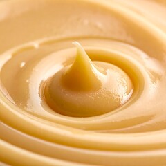 Close-up of smooth, creamy caramel or dulce de leche with a perfect swirl and peak in the center, showcasing its rich texture.