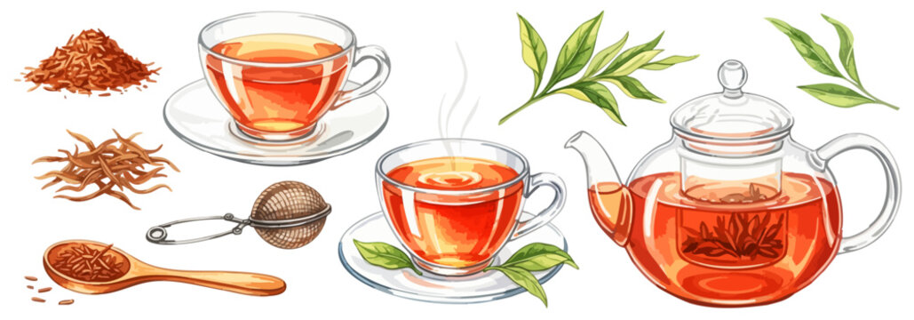 ティータイムアイテムのイラストセット（茶葉・ポット・カップ）,ルイボスティー,ハーブティー,お茶,カフェ,水彩風,リアルイラスト,紅茶