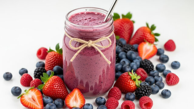 Healthy homemade mixed berry smoothie in a jar with fresh strawberries, blueberries, and raspberries