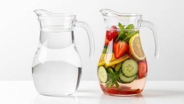 Comparing plain water and healthy fruit-infused detox water in glass pitchers