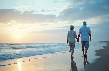 Elderly couple walks hand in hand on a beach at sunset. Ocean waves gently wash ashore as the sun dips below the horizon, casting a warm glow on the sand.