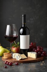 Obraz premium Red wine bottle, full glass, blue cheese, grapes, apple, pear, and crackers arranged on wooden board. Dark background creates elegant atmosphere for beverage advertising and product presentation.