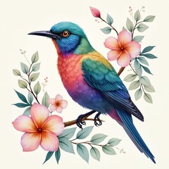 Obraz premium Colorful exotic bird with vibrant plumage sits on a branch surrounded by delicate pink flowers and green leaves. Watercolor style illustration evokes tropical paradise and nature beauty.