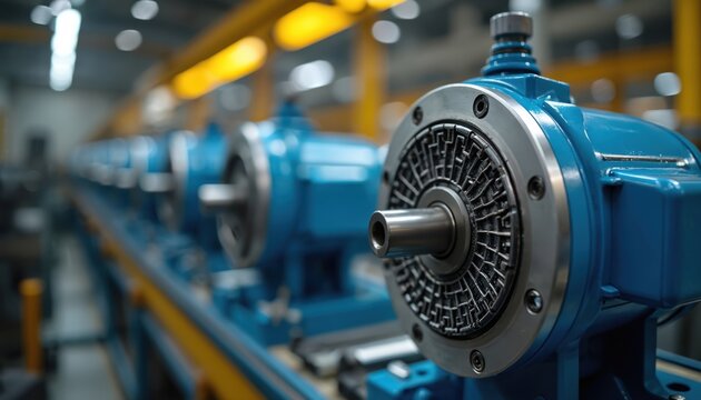 Blue electric servo motors line up on factory floor. Precision machinery components ready for assembly repair. Industrial automation equipment powers modern manufacturing processes. Scene high tech