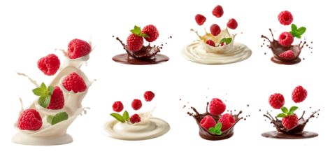 Delicious appetizing raspberries in white and dark chocolate isolated on transparent background