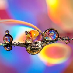 Macro shot of water droplets reflecting vibrant colorful bokeh lights on a reflective surface, creating an abstract and artistic composition.