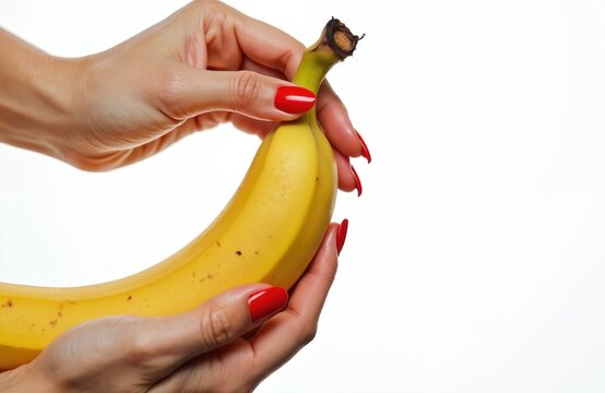 Woman hands with red nails hold large yellow banana fruit. Isolated object on white studio background. Healthy food concept and suggestive themes.